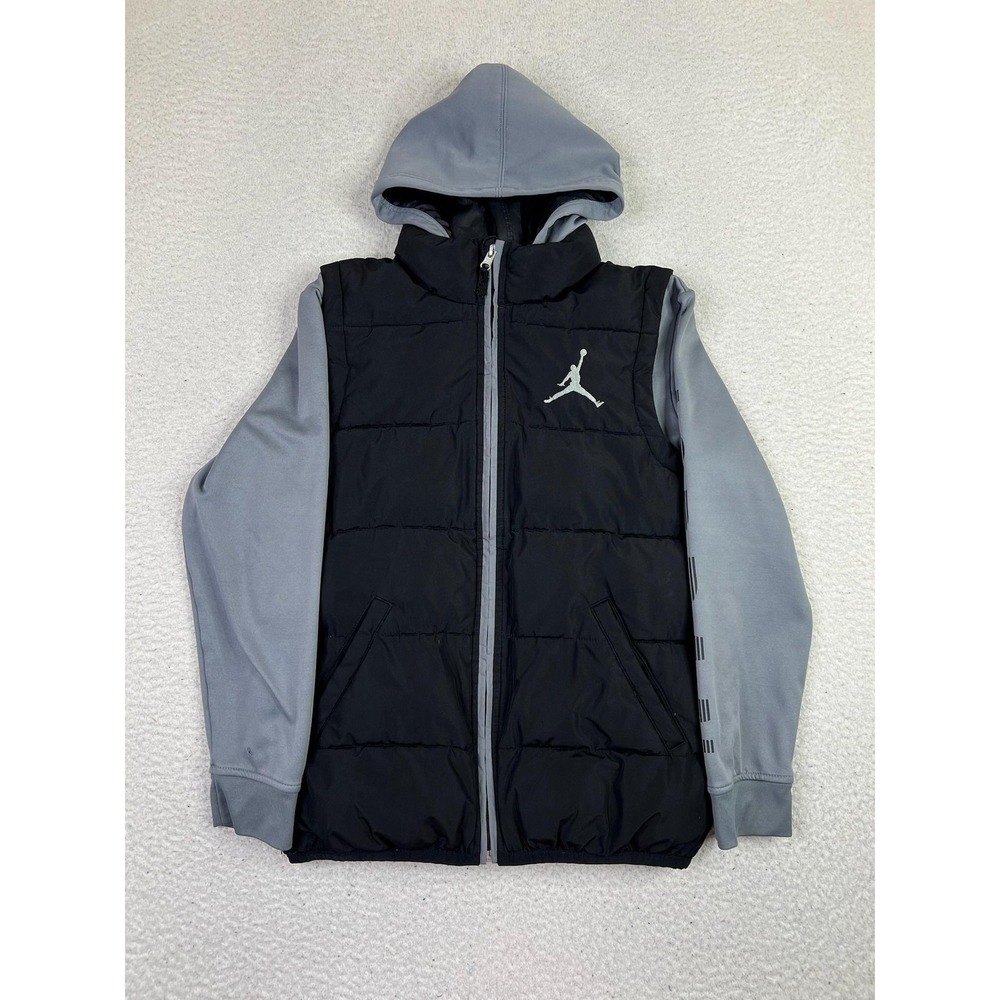 Jordan Jacket Youth Medium 10-12 Black Gray Therma-Fit Hooded‎ Puffer Jumpman